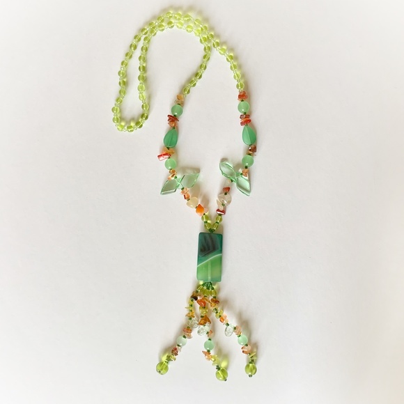 ✨FINAL PRICE✨VTG Green Agate Yellow Red Orange Quartz Glass Bead Tassel Necklace - Picture 7 of 7